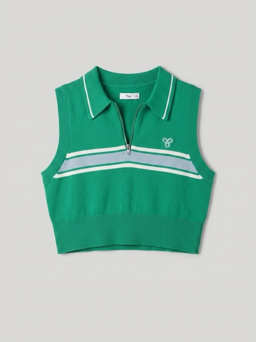 Aritzia TNA Green Sleeveless Zip Polo Crop with White and Light Blue Stripes